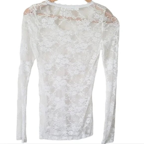 Round Neck Long Sleeve Lace Sheer Top - Picture 3 of 7